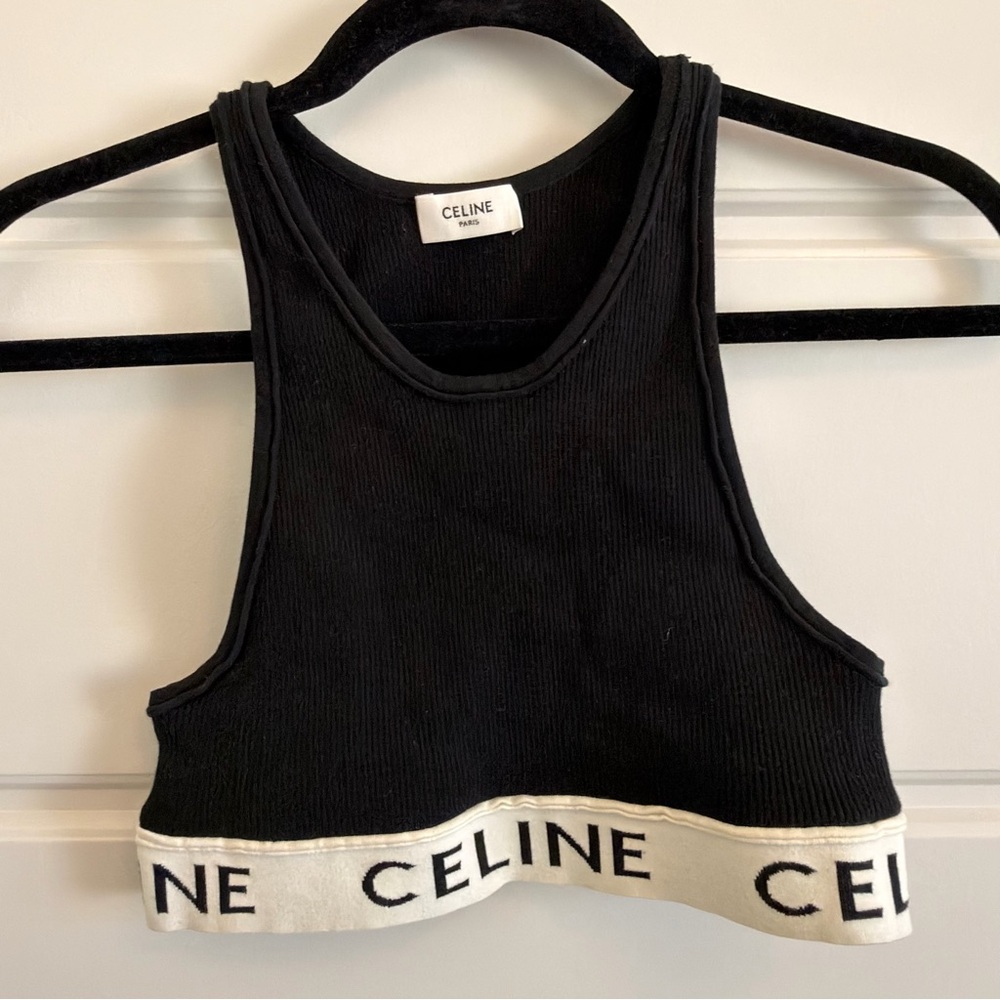 Celine Black Ribbed Logo Tank Top